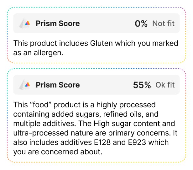 Prism preferences screen with diet, allergens, and avoidance toggles